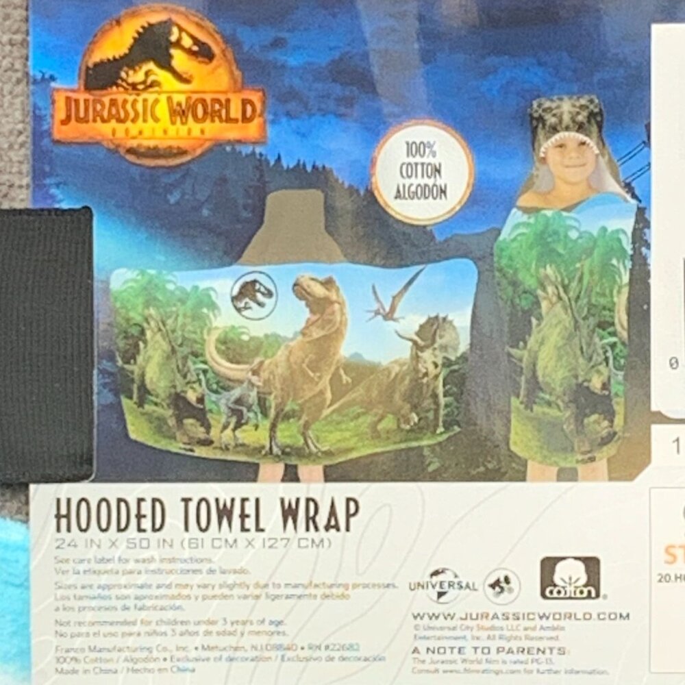 Jurassic World Hooded Towel‎ T-Rex Kids 100% Cotton Dinosaur Bath Wrap 24x50